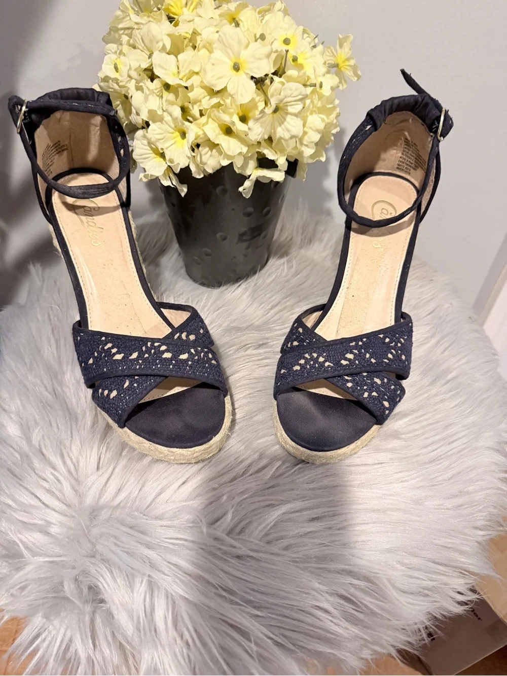 Candie's Navy Espadrille Wedge Sandals with Ankle Strap